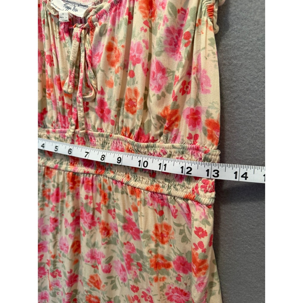Hippie Rose Floral Smocked Waist Midi Dress Pink Orange Ruffle Women M - Picture 8 of 8